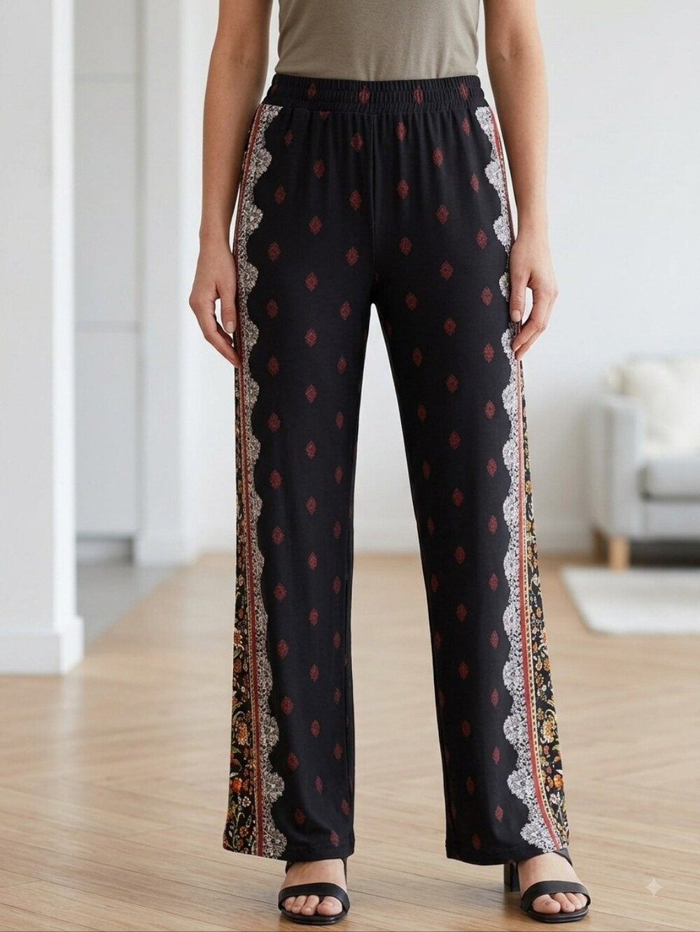 Susan Graver Black Wide-Leg Printed Pants with Rust Motifs - Picture 1 of 8